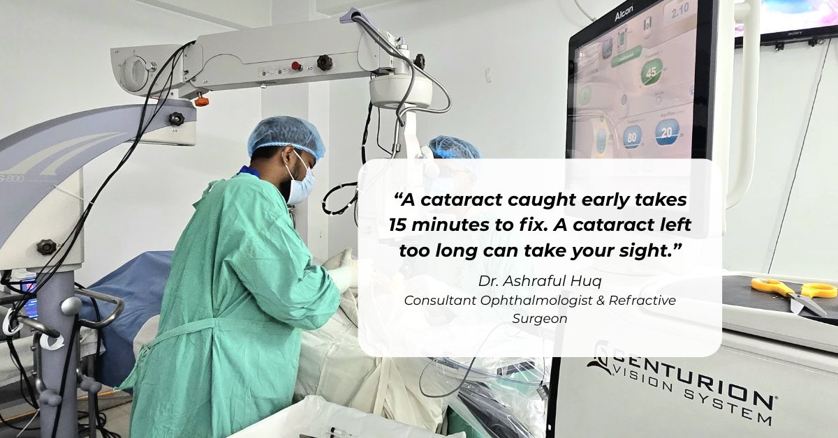 Dr. Ashraful Huq explaining cataract surgery cost in Bangladesh and options to a patient